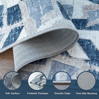 Modern Abstract Blue 5X7 Area Rug for Living Room Bedroom Washable, with Non-Slip Rubber Backing Print Faux Wool Thin, Throw Large Carpet for Kids Playroom Dining Room Pet & Child Friendly