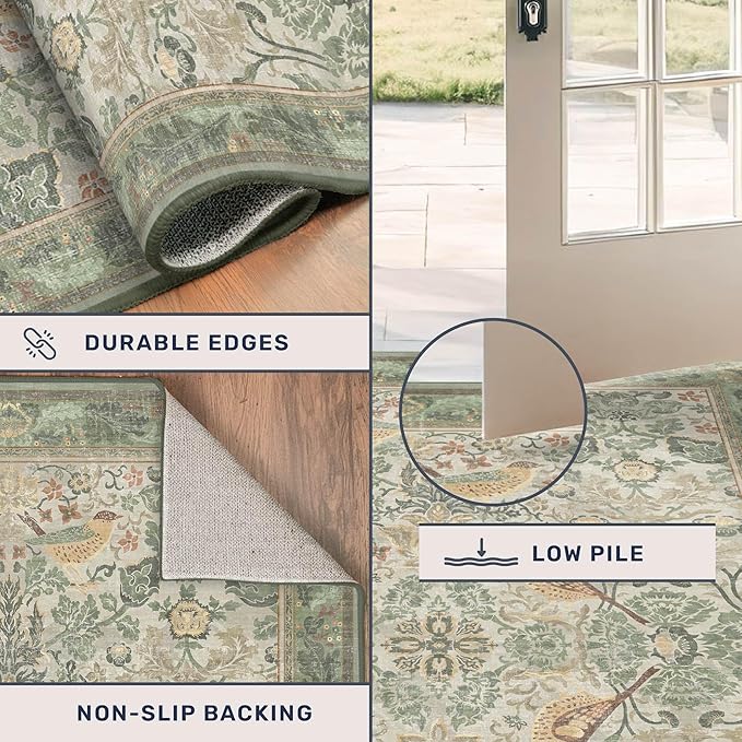 Washable Sage Green Area Rugs 5x7 for Living Room, Bedroom Bedside, Dinning Room, Office with Botanical Floral Bird Pattern, Muted Green Non Slip Stain Resistant Low Pile French Country Decor