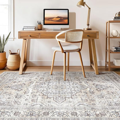 7x10 Area Rug Living Room: Washable Boho Large Neutral Vintage Soft Rugs Stain Resistant Farmhouse Non Slip Indoor Floor Carpet for Bedroom Nursery Kids Playroom Office Dining Room- Ivory Gray