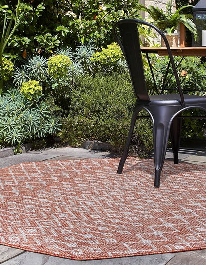 Unique Loom Outdoor Trellis Collection Area Rug - Tribal Trellis (5' 3" Octagon, Rust Red/ Ivory)