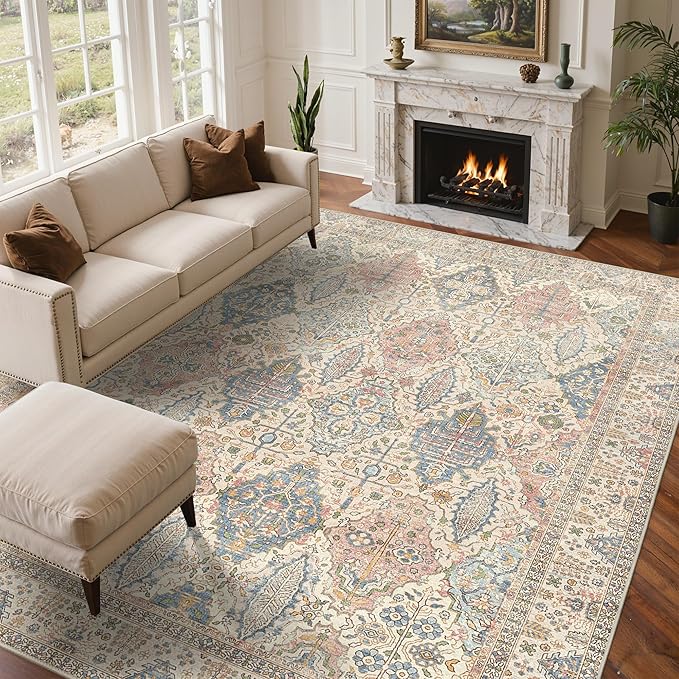 GENIMO 6x9 Area Rugs for Living Room, Machine Washable Low Pile Rugs, Chenille Non Alip Vintage Rug for Bedroom, Dining Room, Home Office, Beige Cream