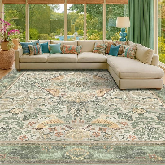 Botanical Sage Rug for Living Room - Washable 10x12 Area Rug for Dining Room Under Table, Extra Large Bedroom - Boho Bird Farmhouse Light Green Decor, Soft Low PileNon-Slip & Stain Resistance