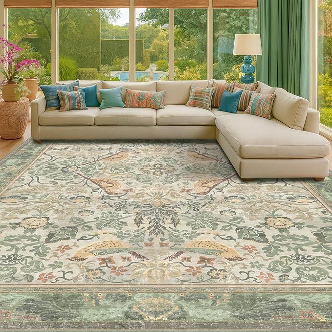 Washable Floral Bird Rugs for Living Room - Sage Green 8x10 Area Rugs for Bedroom Under Bed, Dining Room Kitchen Table Rug for Under Table, Nature Botanical Decor, Stain Resistant Non-Slip