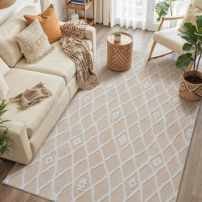 Ivory 4x6 Area Rug Moroccan Shag Office Washable Carpet Soft Non Shedding Neutral Boho Doormat Plush Pile Modern Throw Rug for Entryway Kitchen Dining Room Bedroom Living Room