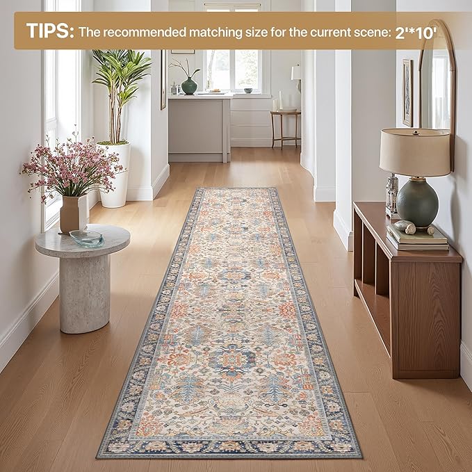 Bavni Area Rug 3x5, Non-Slip Washable Rugs for Living Room Office, Boho Distressed Printed Rug, Low Pile Foldable Decorative Carpet for Bedroom Kitchen Office, Teal/Multi