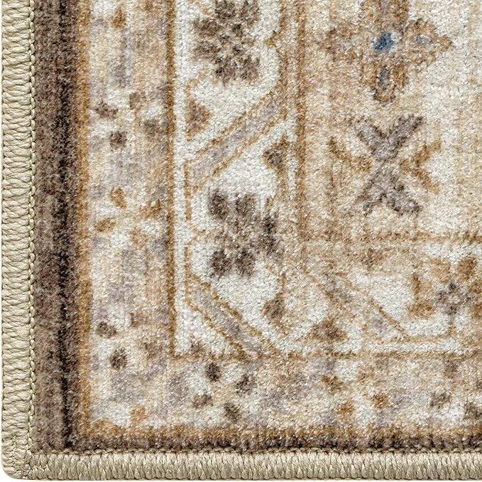 DEXI 4x6 Area Rug for Living Room, Washable Vintage Farmhouse Thin Rug Indoor Floor, Non Slip Stain Resistant Low Pile Carpet for Dining Room Bedroom Office, Light Brown