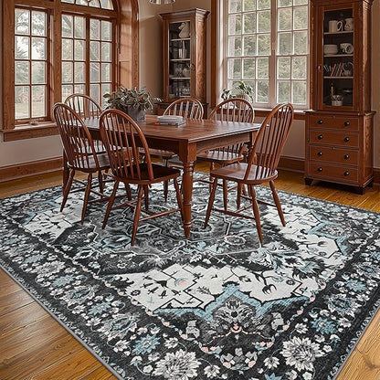YJ.GWL Area Rugs for Living Room 9x12 Machine Washable Rugs, Non Slip Floral Vintage Rug Indoor Carpet, Stain Resistant Large Rug for Bedroom Dining Room, Black Grey Blue