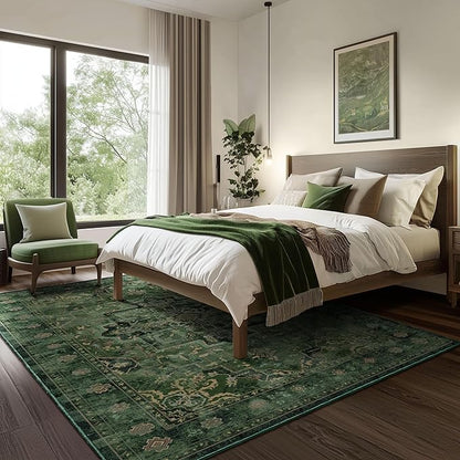 Retro Green Area Rug 7x9 for Living Room, Distressed Medallion Dining Room Rug Under Table, Washable Non Slip Thin Carpet Rugs for Bedroom Under Bed Home Office