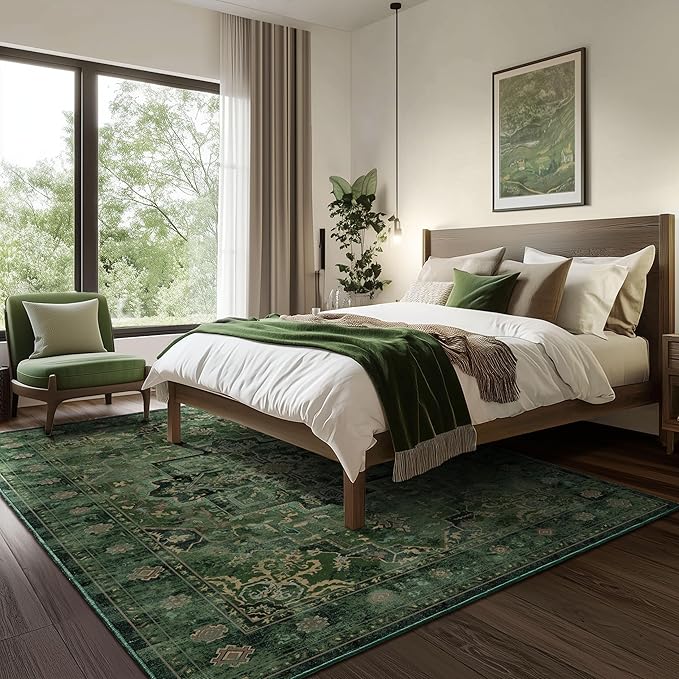 Large Vintage Area Rugs 9x12 for Living Room, Dark Green Tranditional Distressed Medallion Printed Big Carpet Rugs for Bedroom, Washable Non Slip Low Pile Thin Rugs for Dining Room