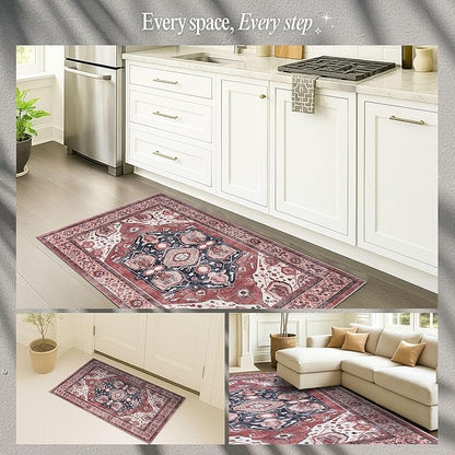 Fame Rugs Turkish Rug. Washable Vintage Oriental Antique Inspired Traditional Doormat Small Modern Area Rugs Luxury Entryway Entry Bedroom Bathroom Kitchen (404RR, 2'5 x 13'1)