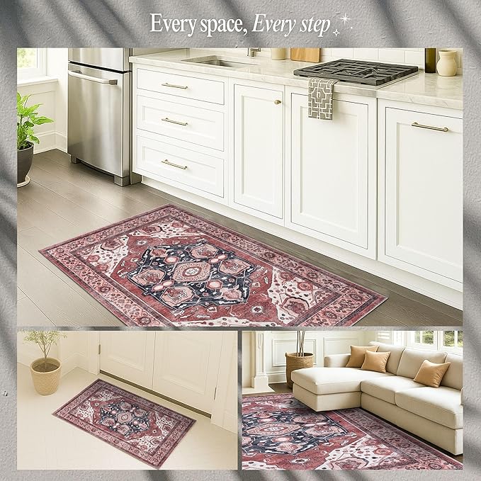 Turkish Rug. Washable Vintage Oriental Antique Inspired Traditional Doormat Small Modern Area Rugs Luxury Entryway Entry Bedroom Bathroom Kitchen (404RR, 2'5 x 9'8)