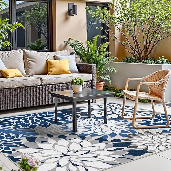 Colorful 8x10 Outdoor Area Rug Washable Multicolored Patio Rug Tropical Botanical Floral Chenille Waterproof Outdoor Carpet Non-Slip for Deck, Backyard, Porch, Blue