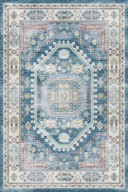 vivorug 3x5 Rug, Small Area Rug for Living Room, Bedroom, Kitchen, Machine Washable Non-Slip Throw Rug, Vintage Distressed Medallion Carpet for Entryway Nursery Dinner Room - Durable (Blue)