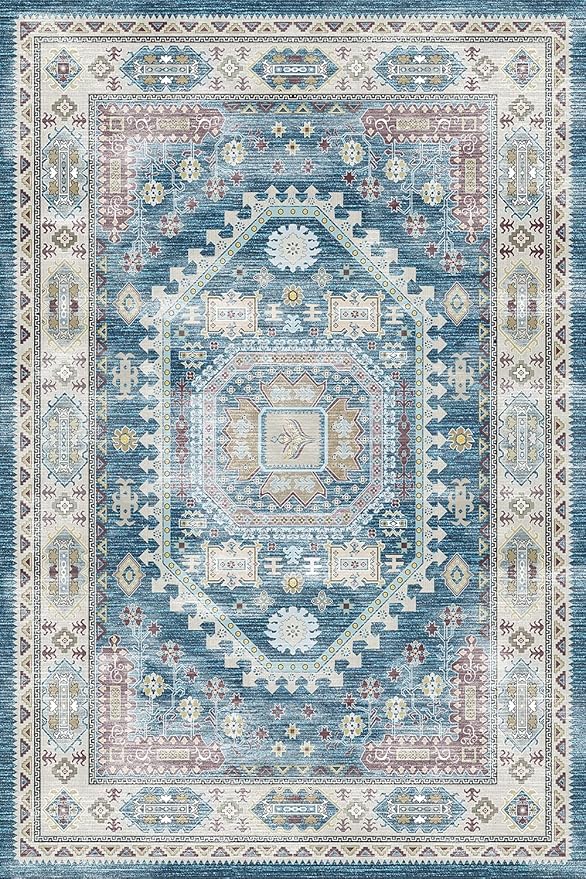 vivorug 4x6 Rug, Small Area Rug for Living Room, Bedroom, Kitchen, Machine Washable Non-Slip Throw Rug, Vintage Distressed Medallion Carpet for Entryway Nursery Dinner Room - Durable (Blue)