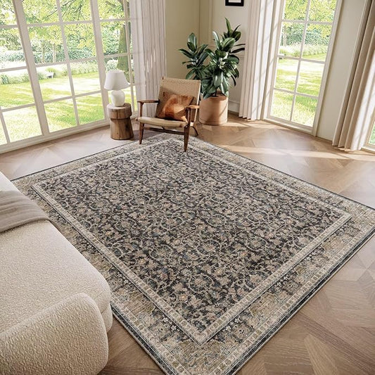 Washable 5x7 Area Rugs for Living Room, Boho Non-Slip Vintage Distress Rugs for Bedroom Dining Room Nursery Office, 0.3" Neutral Oriental Throw Thin Carpet with Cushioning Pad, Black/Brown/Blue/Multi