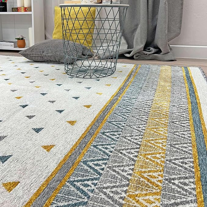 Alfa Rich 7x10 Gold Gray Off White Washable Area Rugs for Living Room Bedroom Kitchen Decor Cotton