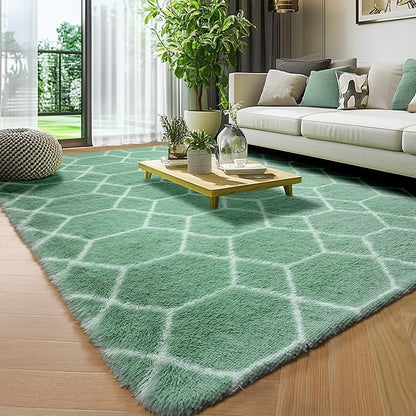 ONASAR Area Rugs for Bedroom Living Room, Washable 4x6 Fluffy Sage Green and White Throw Rug, Shaggy Geometric Floor Mat for Home Decor Aesthetic, Soft Plush Fuzzy Carpet for Nursery Kids Teen Dorm