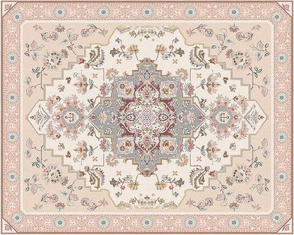 Phantoscope Washable Area Rug 8'x10' Non-Slip, Vintage Boho Rugs for Living Room, Bedroom, Dining Room, Persian Floral Medallion Pattern, Low-Pile Foldable Floor Carpet, Ivory Rose/Fall Bloom
