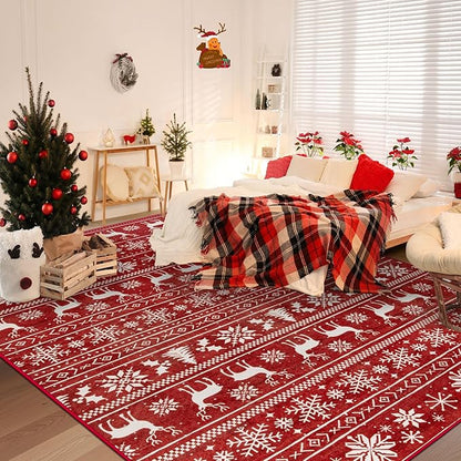 Christmas Rug 8x10 Washable Rugs, Boho Christmas Tree Snowflake Rug Non-Slip Soft Low Pile Non Shedding Indoor Holiday Decor Carpet for Living Room Bedroom Dining Room Home Office (Xmas Red, 8'x10')