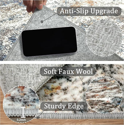 3x5 Machine Washable Area Rug for Entryway, Multicolor Modern Vintage Abstract Rug Non-Slip Low Pile Soft Faux Wool Small Carpet, Kids and Pets Friendly for Bedroom Kitchen Hallway Home Decor Rug