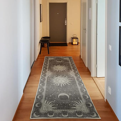 Ambesonne Sun and Moon Decorative Rug, Bohemian Artwork Design of Crescent Solar Ornament Esoteric Stars Ornaments, Quality Carpet for Bedroom Dorm and Living Room, 2' 5" x 7' 5", Sage Green