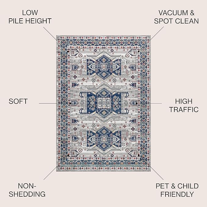 JONATHAN Y Modern Vintage Medallion Blue/Light Grey Indoor Area Rug, 4x6, Country, Floral, Easy-Cleaning for Living Room, Bedroom, Kitchen, Pet Friendly, Non-Shedding (MDP108A-4)