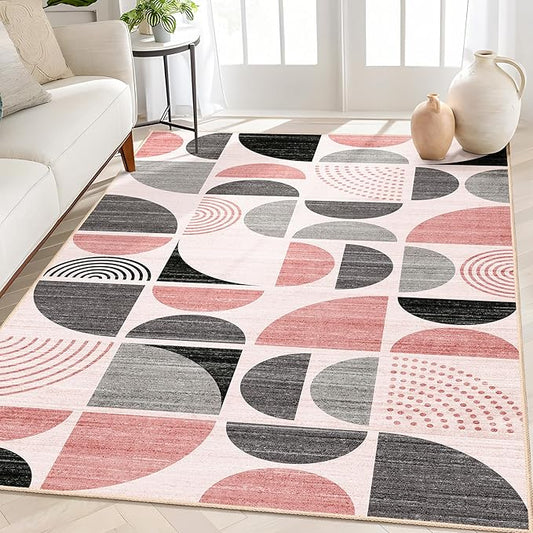 MUJOO Pink Rug Boho Washable,4x6.5 Area Rugs for Bedroom Entryway Living Room Bedside,Small Throw Floor Carpet Non Slip Soft Indoor Modern Abstract Pink and Grey