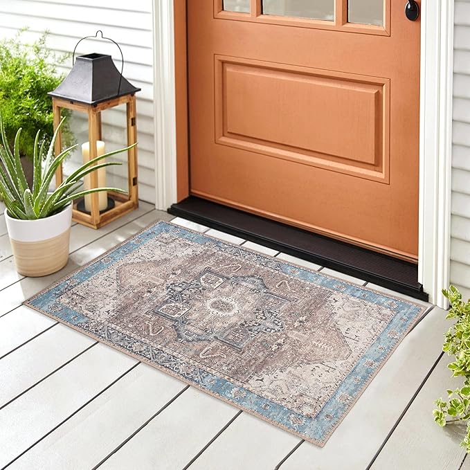 GLN Rugs Traditional Collection - Machine Washable Area Rug, Traditional Washable, Non Slip, Low Pile Chenille Rug, Living Room, Bedroom, Kitchen Rug (2' x 3' Brown/Blue)