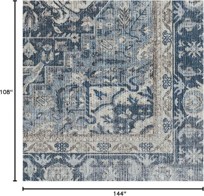RUGGABLE Washable Vintage Area Rug – Kamran Admiral Blue 9x12, Stain-Resistant, Non-Slip – Large Machine Washable Rugs for Living Room, Bedroom, Hallway, Entryway & Office–with Standard Pad