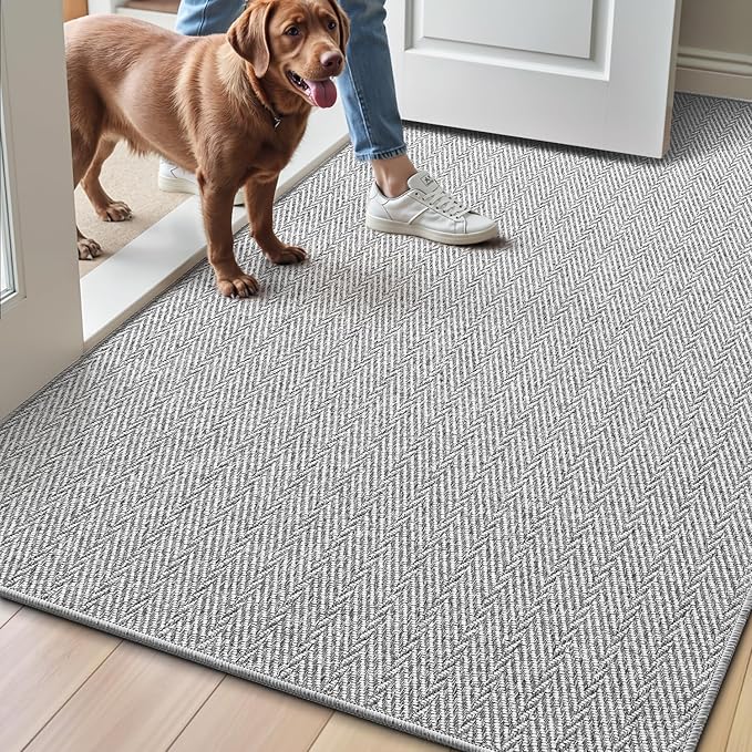 LUMI Ultra Thin Indoor Door Mat for Entrance 32"x48", Non Slip Entryway Mat, Low Profile Doormat, Unique Herringbone Design Carpet for Inside, Patio, Porch, Gray