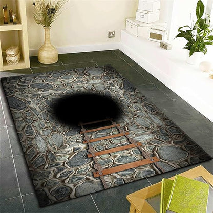 3D Deep Abyss Canyon Indoor Rug, 6x9ft, Stone Built Cave Wooden Ladder Carpet for Entryway, Durable Non-Shedding Pet Friendly Mats, Floor Decor Low Pile Easy Clean Rugs for Family
