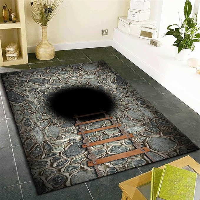 3D Deep Abyss Canyon Indoor Rug, 5x6ft, Stone Built Cave Wooden Ladder Carpet for Entryway, Durable Non-Shedding Pet Friendly Mats, Floor Decor Low Pile Easy Clean Rugs for Family