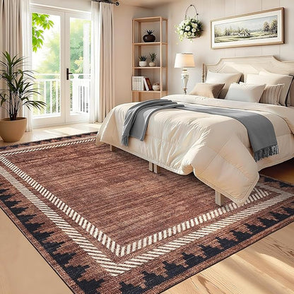 Living Room 8x10 Washable Soft Area Rug for Dining Room Living Room Foldable Non Slip Soft Indoor Carpet Modern Geometric Bordered Stain Resistant Bedroom Laundry Rugs with Rubber Back, Brick Red