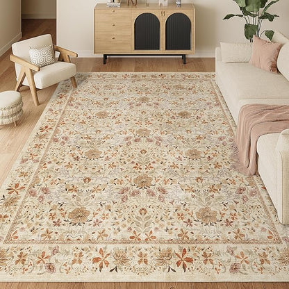 DUKINO 8x10 Area Rugs for Living Room, Vintage Floral Washable Rug with Non Slip Backing, Soft Low Pile & Non-Shedding Large Carpets for Bedroom, Farmhouse, Dining Room, Home Office, Beige
