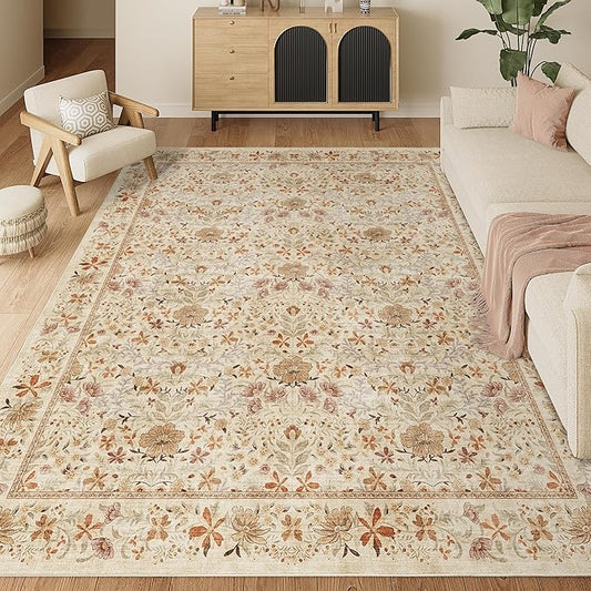 DUKINO 8x10 Area Rugs for Living Room, Vintage Floral Washable Rug with Non Slip Backing, Soft Low Pile & Non-Shedding Large Carpets for Bedroom, Farmhouse, Dining Room, Home Office, Beige