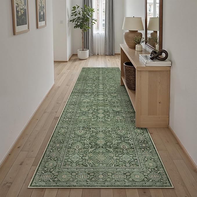 Green Runner Rug 2x8 Hallway Washable Carpet Soft Vintage Indoor Kitchen Non Slip Bedroom Traditional Retro Distressed Thicker Throw Long Rug Bathroom Laundry Entryway Office Dining Room