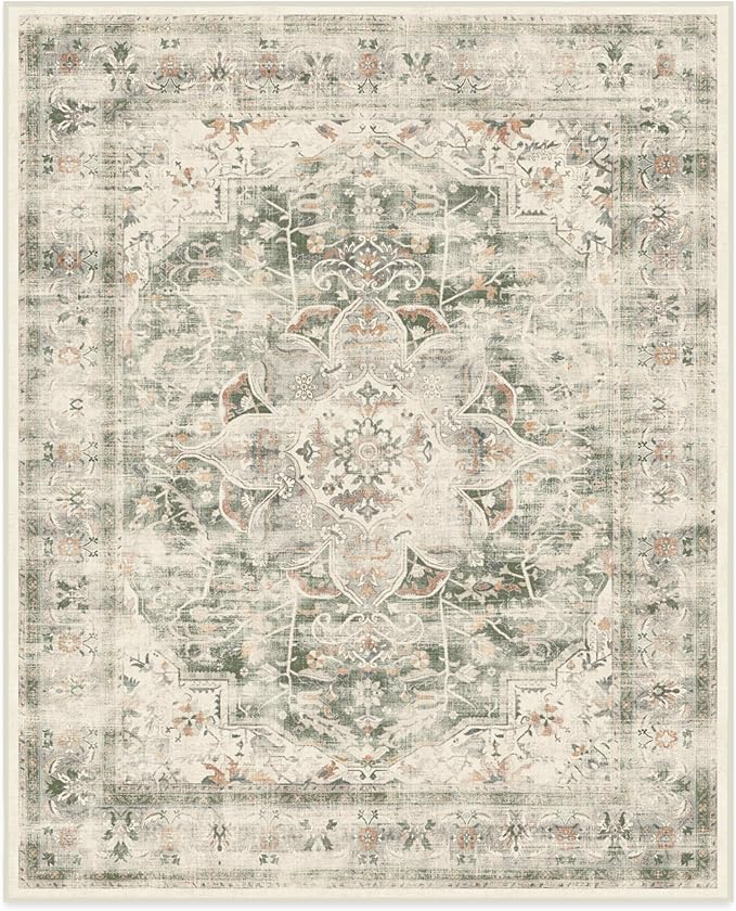 RUGGABLE Washable Vintage Area Rug – Sarrah Sage 8x10, Stain-Resistant, Non-Slip – Large Machine Washable Rugs for Living Room, Bedroom, Hallway, Entryway & Office–with Standard Pad