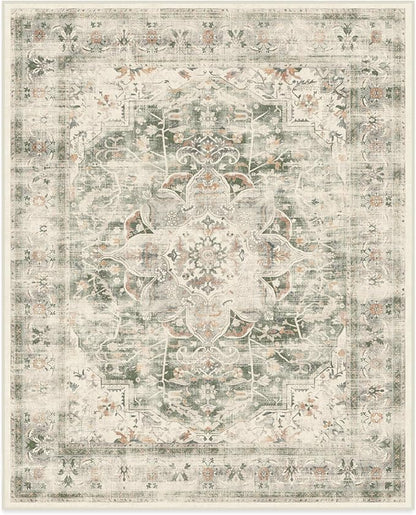 RUGGABLE Washable Vintage Area Rug – Sarrah Sage 8x10, Stain-Resistant, Non-Slip – Large Machine Washable Rugs for Living Room, Bedroom, Hallway, Entryway & Office–with Standard Pad