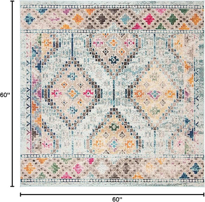 SAFAVIEH Madison Collection Area Rug - 5' Square, Blue & Yellow, Boho Diamond Distressed Design, Non-Shedding & Easy Care, Ideal for High Traffic Areas in Living Room, Bedroom (MAD418K)