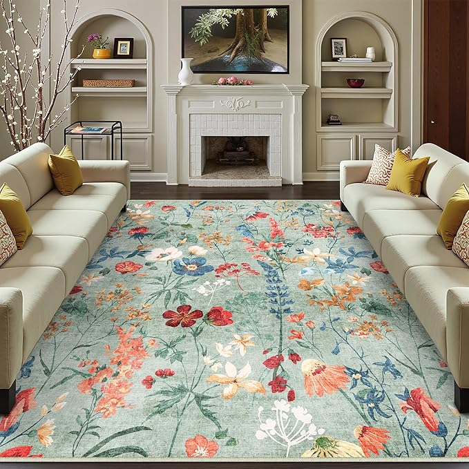 Green Area Rug 8x10 Floral Washable Living Room Kitchen Boho Carpet Non Slip Low Pile Indoor Accent Lightweight Soft Throw Rug for Bedroom Office Dining Room Nursery Farmhouse
