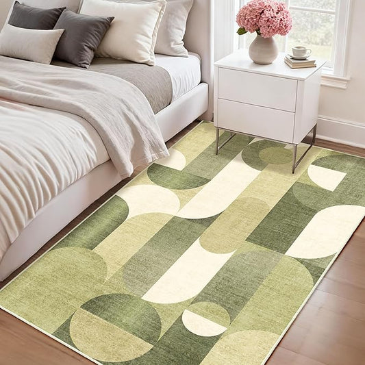 Green Rug 3x5 Washable Area Rugs for Bedroom Living Room Kitchen Entryway Bedside,Modern Geometric Non Slip Small Carpet