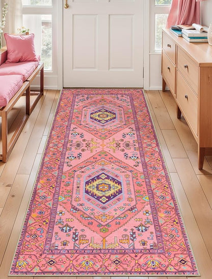 SERISSA Washable Kitchen Runner Rug, 2x6 Non-Slip Fuchsia Pink Runner Rugs for Hallway, Ultra Soft Cute Boho Aesthetic Low-Pile Floor Carpet for Bedroom Bathroom Laundry Living Room