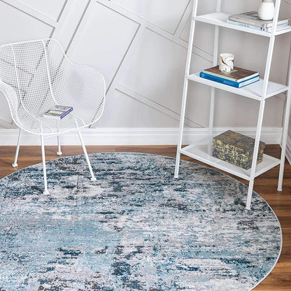 Rugs.com Leipzig Collection Round Rug – 3 Ft Round Blue Low-Pile Rug Perfect for Kitchens, Dining Rooms