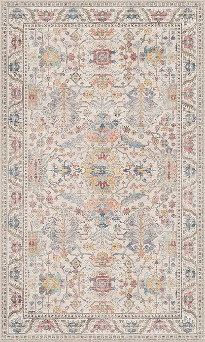 Bavni Area Rug 3x5, Non-Slip Washable Rugs for Living Room Office, Boho Distressed Printed Rug, Low Pile Foldable Decorative Carpet for Bedroom Kitchen Office, Retro Multi