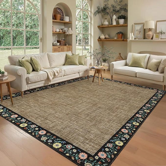 GarveeHome 10x13 Machine Washable Rugs for Living Room Large Area Rug Modern Floral Indoor Accent Carpet Low Pile Carpet Soft Throw Aesthetic Floor Cover for Bedroom Laundry Dining Room, Brown