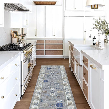 Fame Living Grey Oushak Runner Rug, Modern Runners, Vintage, Turkish, Eclectic, Floral, Pastel, Washable, Runner for Hallway, Kitchen, Bedroom, Bathroom, 2'5"x9'8"