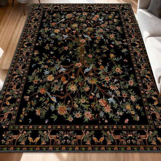 Black Rug for Living Room 5x7 Area Rugs, Machine Washable Non-Slip Carpet, Boho Floral Low Pile Throw Rugs for Bedroom, Dining Room, Office, Nursery, Vintage Home Decor
