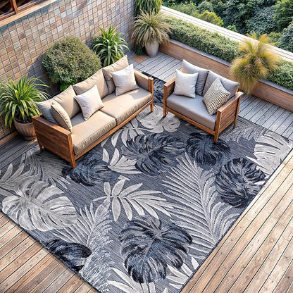 CAMILSON Indoor Outdoor Rug, Navy 10’x14’ Leaf Tropical Botanical Area Rugs for Indoor and Outdoor patios, Easy-Cleaning Non-Shedding Living Room, Garden and Kitchen Washable Outside Carpet (10x14)