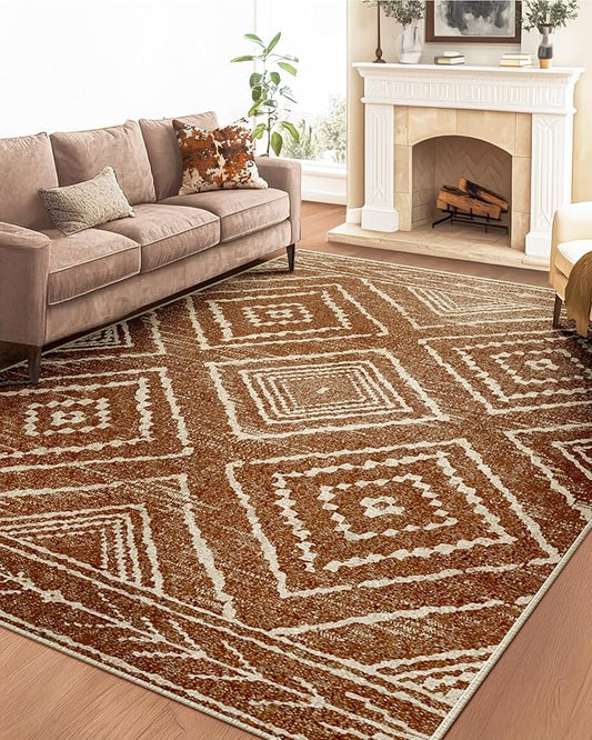 Area Rug 6x8 Rug Machine Washable Non-Slip Low Pile Print Pattern Western Rug for Living Room Bedroom Entryway Tribal Series-Yellowbrown/Cream