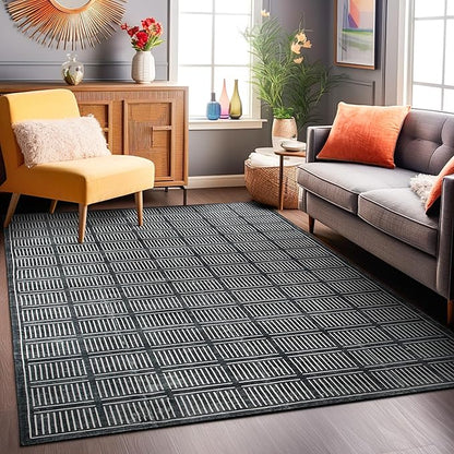 Rugshop Bohemian Stripe Lines Washable Non Slip Area Rug 5' x 7' Black